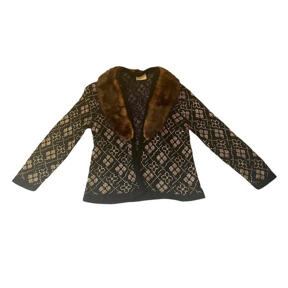Vintage Sears Roebuck And Co Sweater / Jacket Black & Gold with fur collar - S - Picture 1 of 12